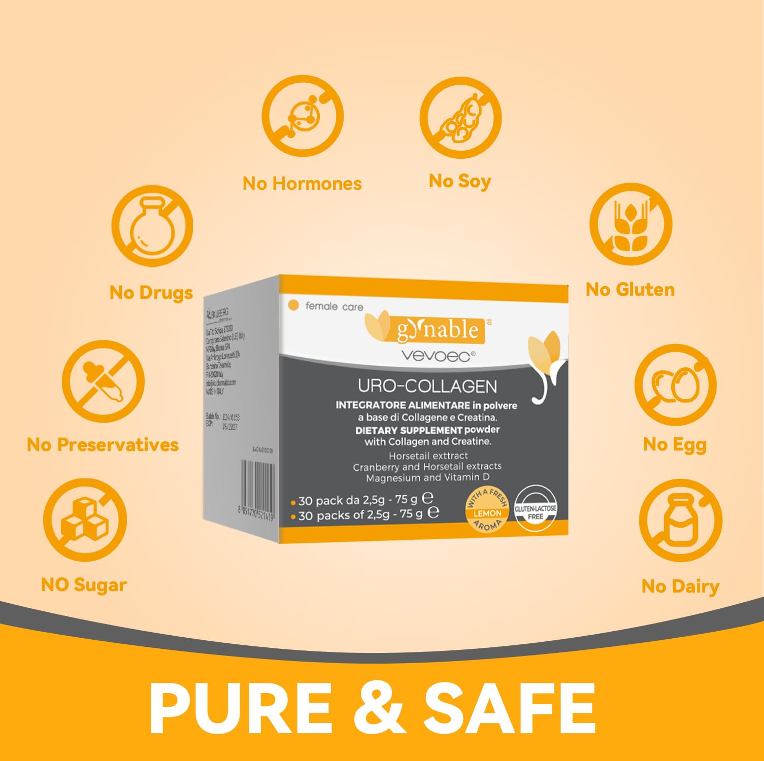 Vevoec Gynable UROCollagen – Saveur citron: goût naturel pour une expérience agréable.
