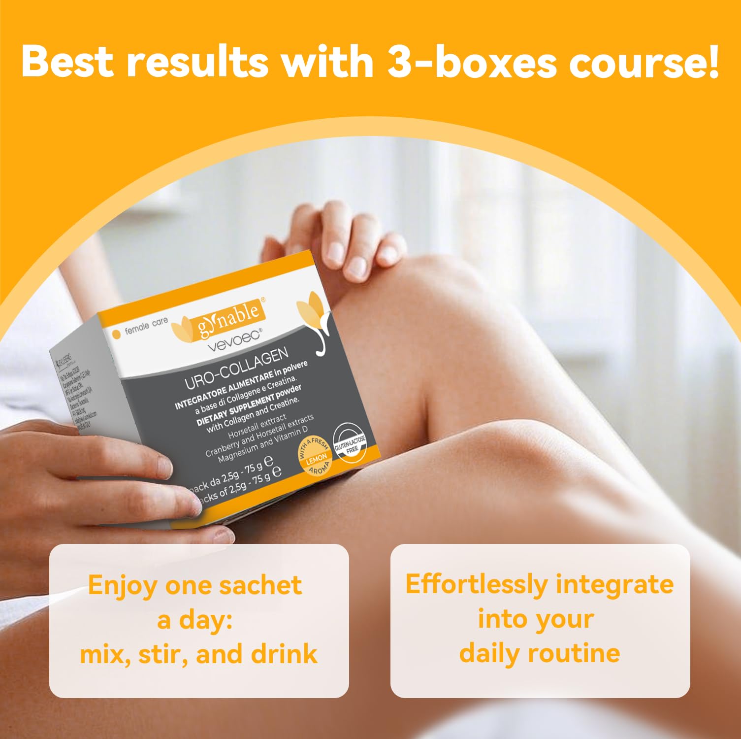 Vevoec Gynable UROCollagen – Emballage ouvert: démonstration de facilité d'utilisation et dosage.
