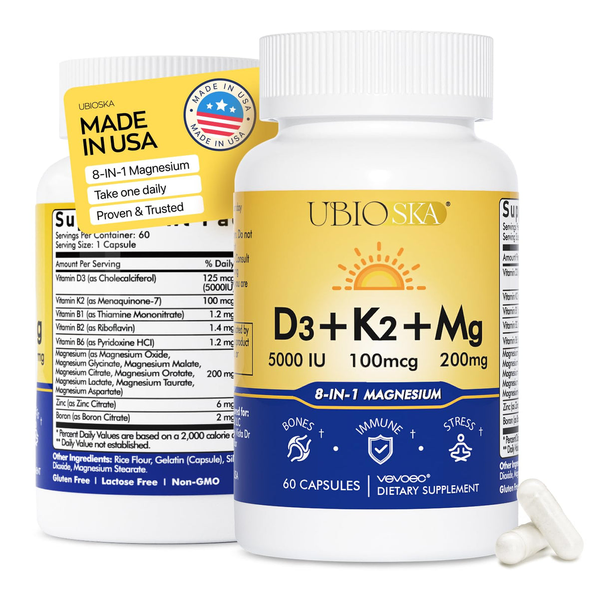 Vevoec Ubioska bouteille D3-K2 magnésium, soutien potentiel des os et du bien-être.