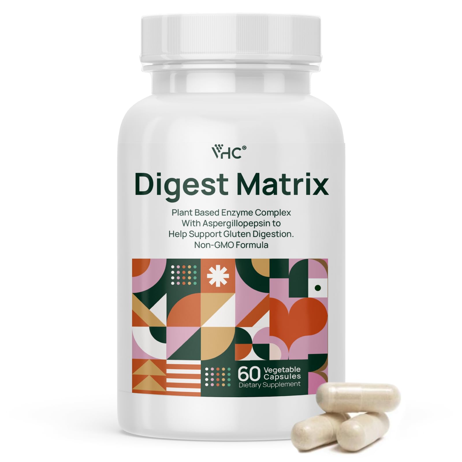 VHC enzymes digestives – bouteille avec capsules, soutien potentiel après les repas.