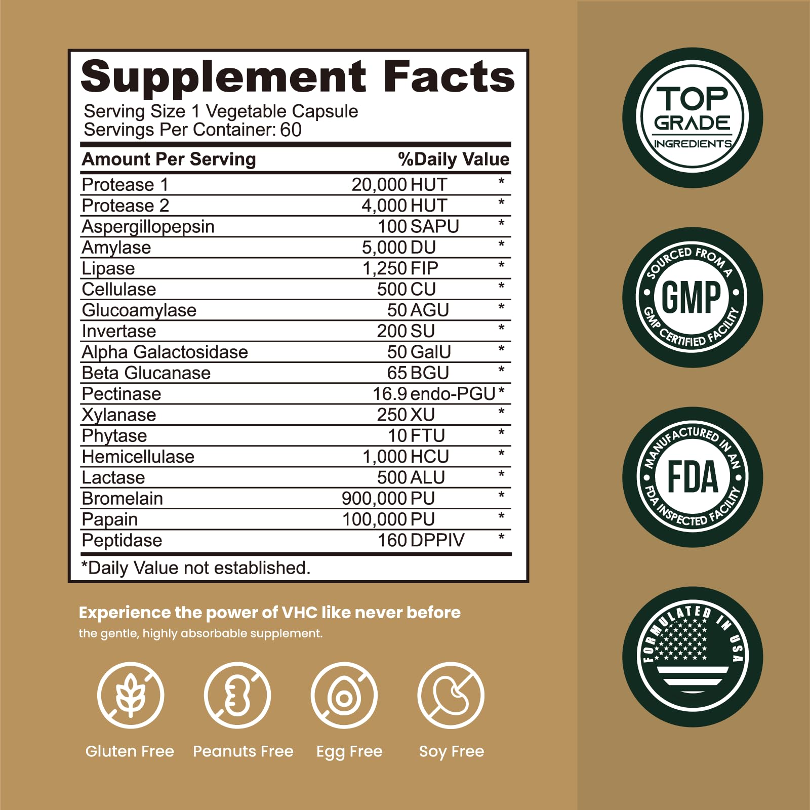 VHC enzymes digestives – étiquette claire détaillant les 18 enzymes.