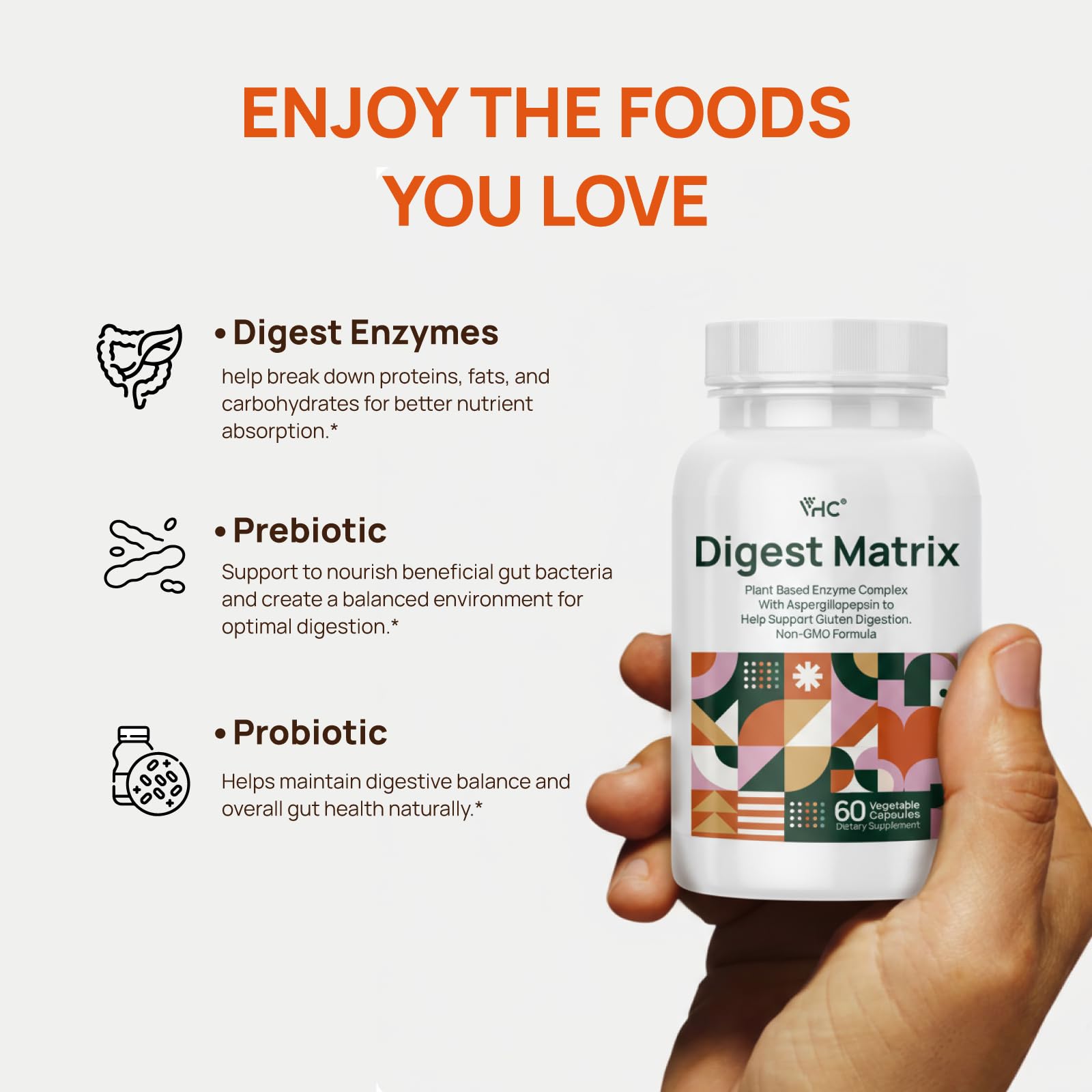 VHC enzymes digestives – gélules faciles à avaler pour une digestion potentielle après les repas.