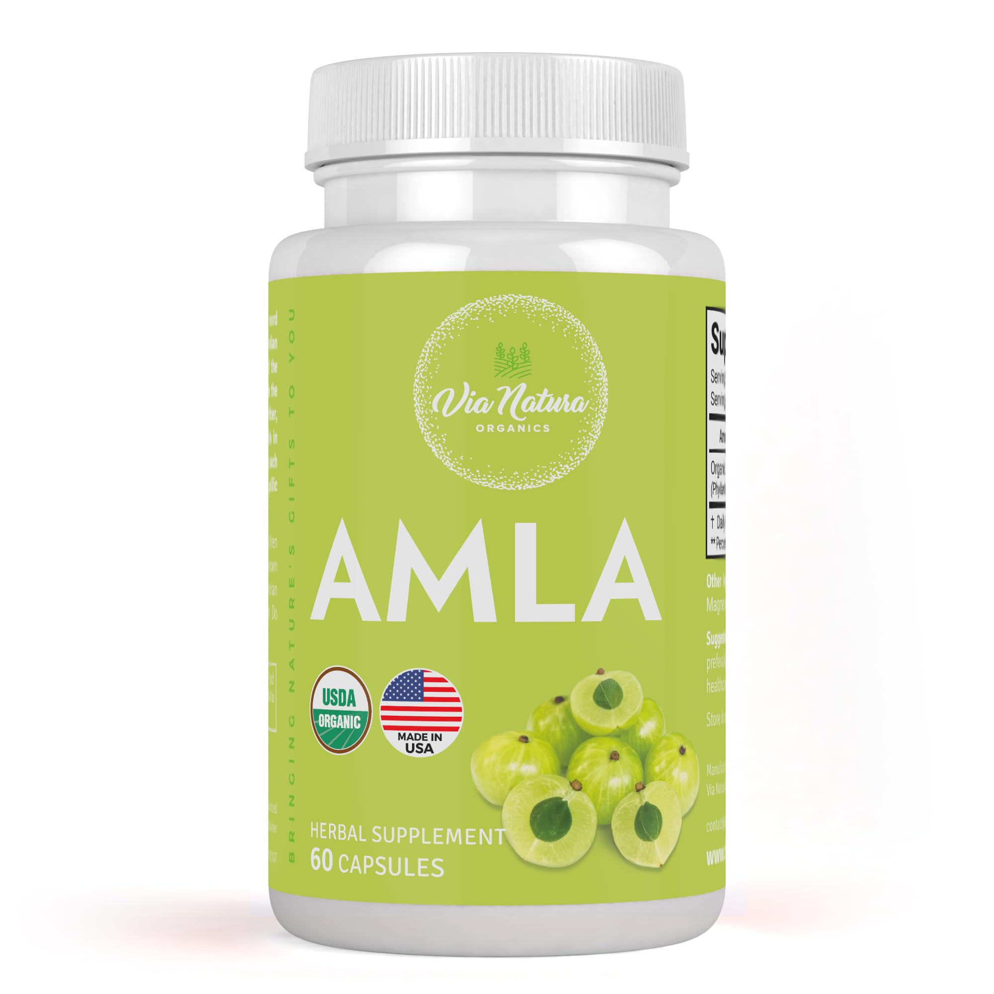 Bouteille de Via Natura Organics Amla capsules, source naturelle de vitamine C pour le quotidien