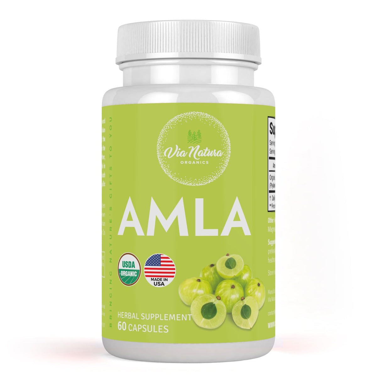 Bouteille de Via Natura Organics Amla capsules, source naturelle de vitamine C pour le quotidien