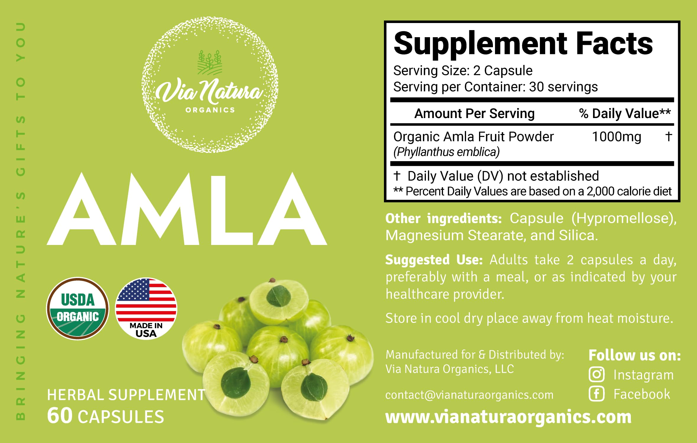 Étiquette de Via Natura Organics Amla capsules, choix organique et sans OGM