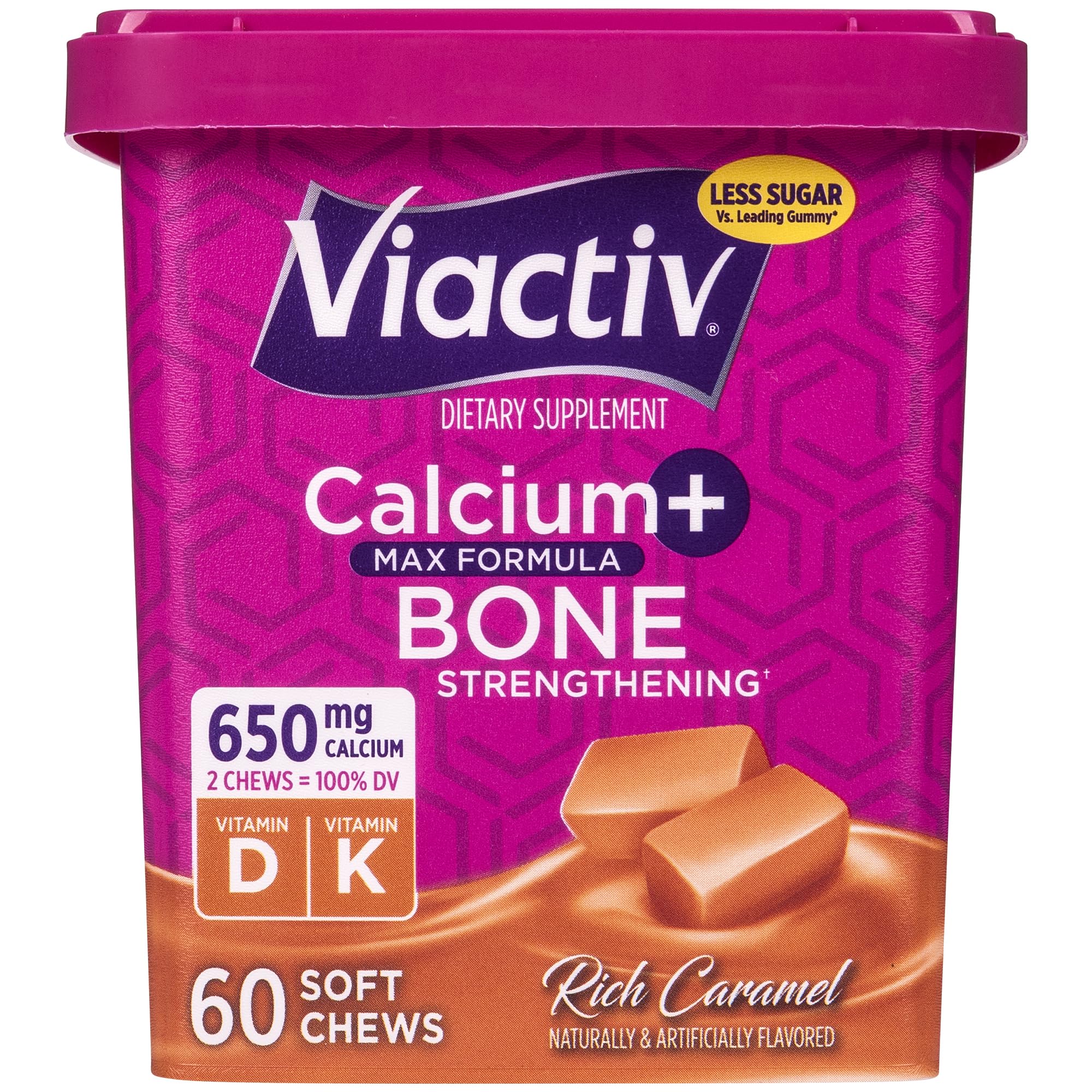 Viactiv Calcium D gommes caramel, boîte visible et soutien potentiel des os