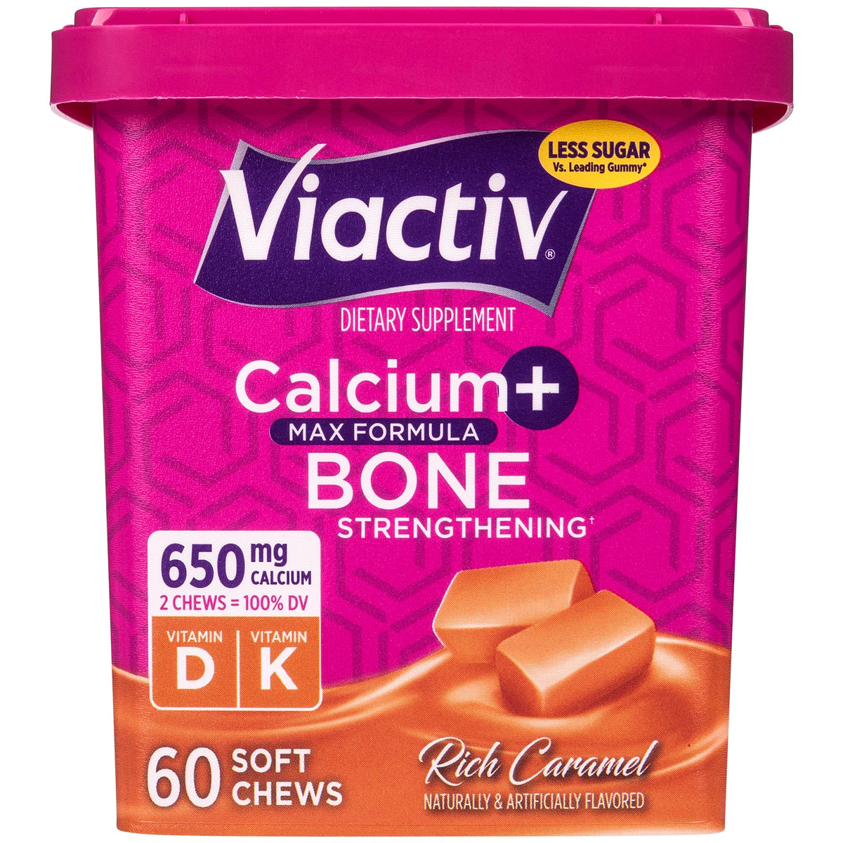 Viactiv Calcium D gommes caramel, boîte visible et soutien potentiel des os