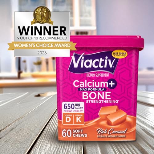 Plan rapproché des gommes caramel Viactiv, apport quotidien en calcium et vitamine D