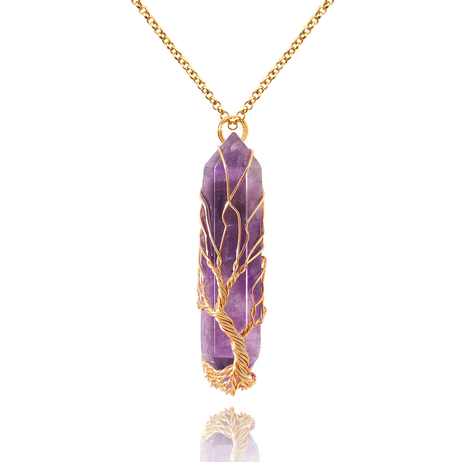 Pendentif VIBILIA en améthyste pointe arbre de vie, mise en valeur pour concentration et esthétique.
