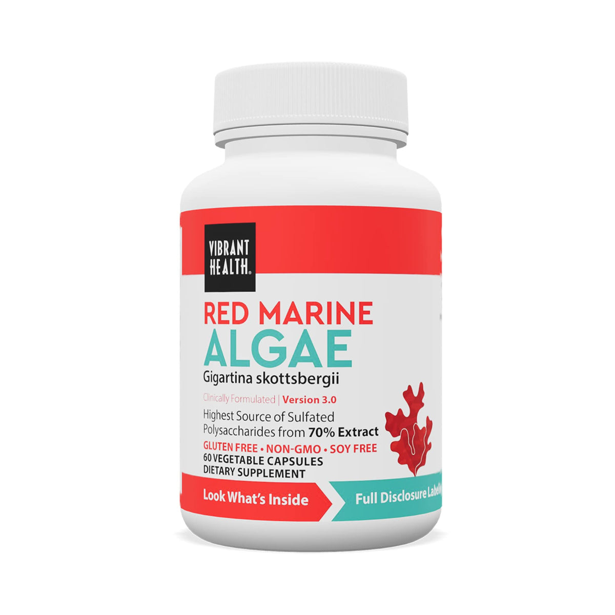Vibrant Health Gigartina algue rouge, bouteille montrée, soutien immunitaire potentiel grâce aux polysaccharides.