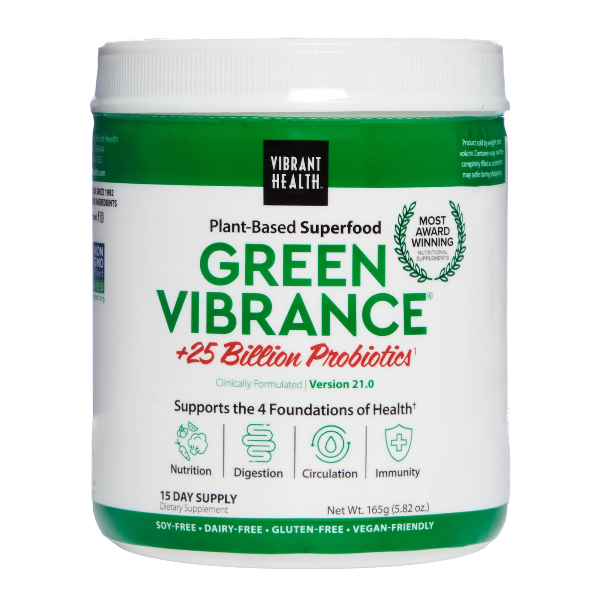 Vibrant Health Green Vibrance: bouteille-pour apport pratique et nutritif.