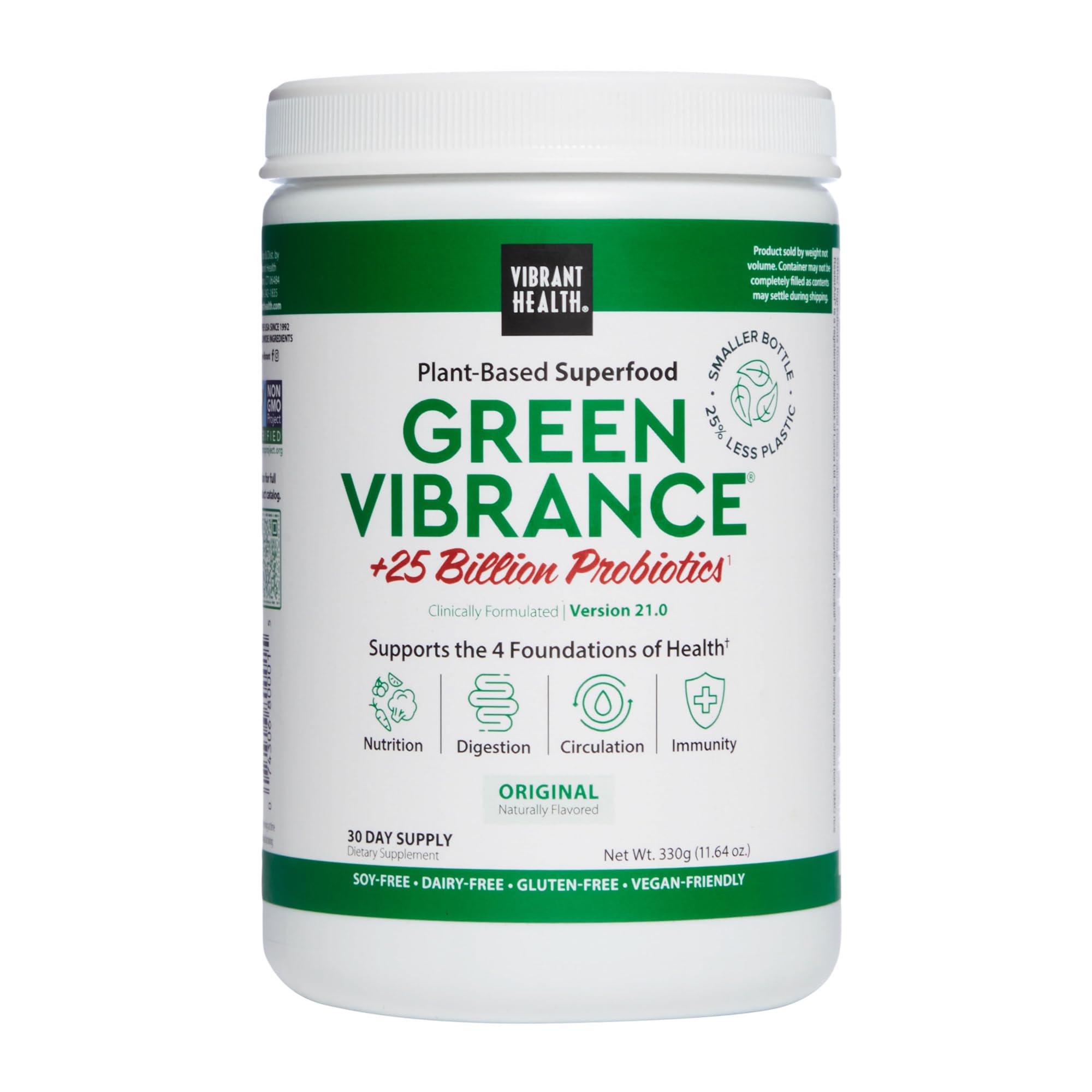 Vibrant Health Green Vibrance – bouteille montrant l’emballage pratique pour démarrer la journée.
