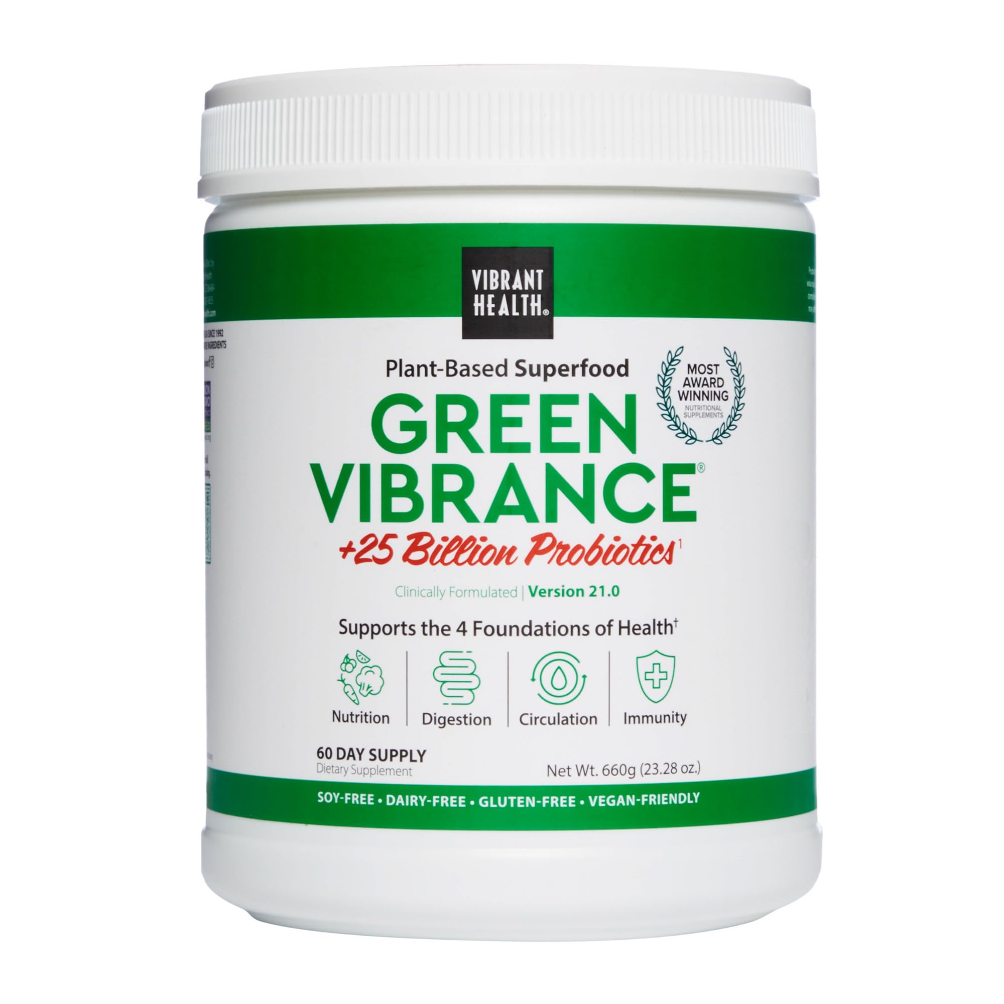 Vibrant Health Green Vibrance dans une bouteille, énergie naturelle.