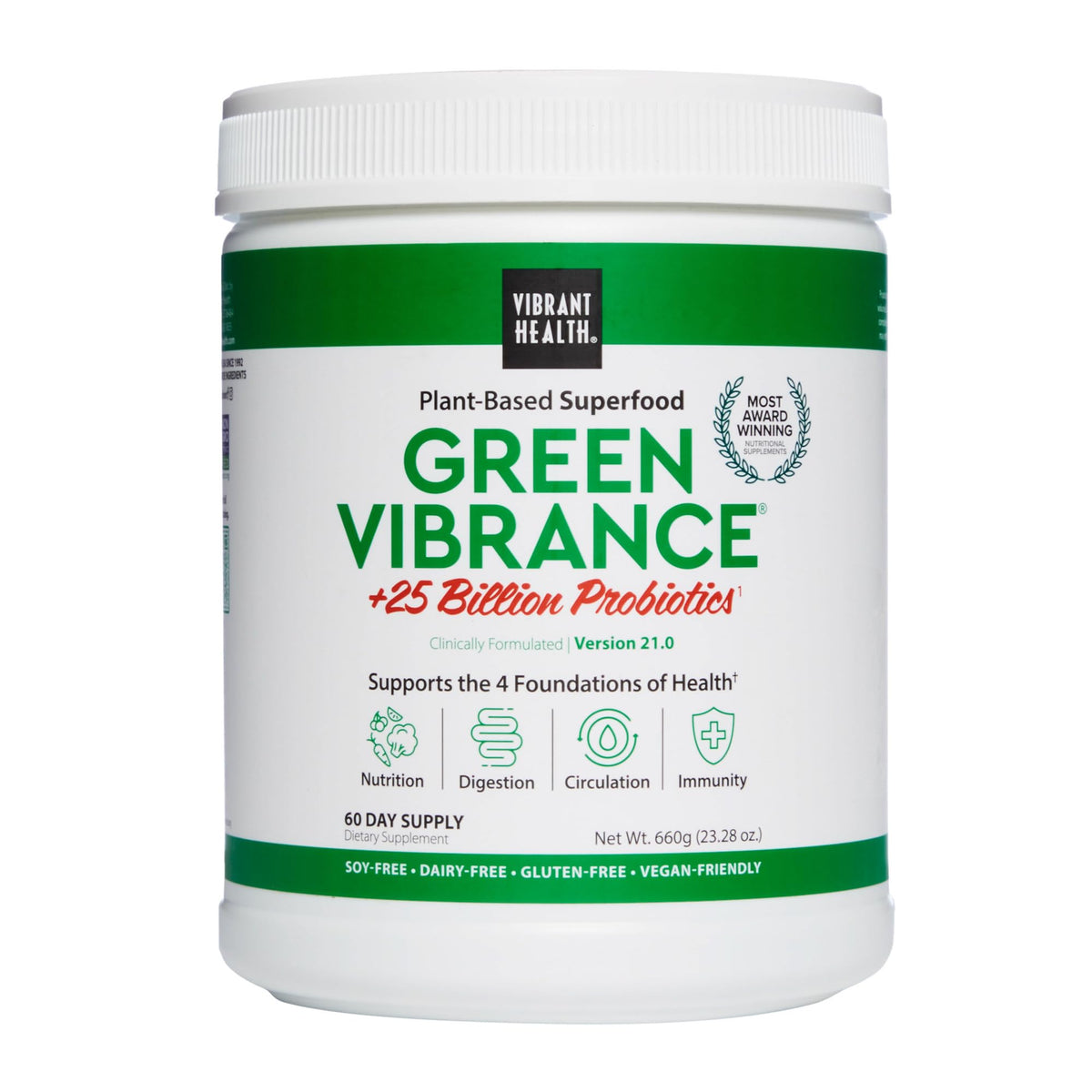 Vibrant Health Green Vibrance dans une bouteille, énergie naturelle.