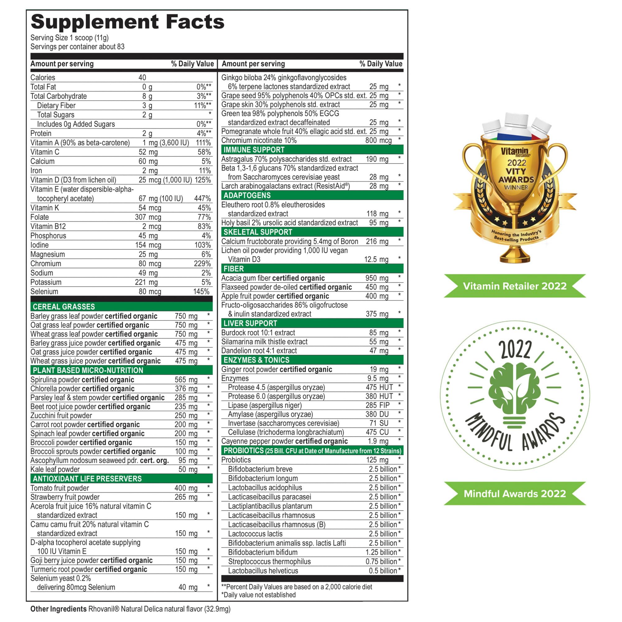 Vibrant Health Green Vibrance: etiquette-65-superaliments, preuve de transparence.