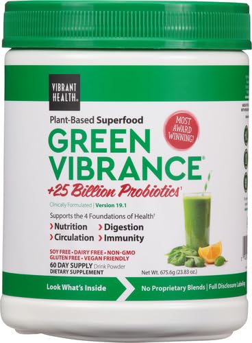 Vibrant Health Green Vibrance, etiquette et pot, nutrition végétale soutenant l'énergie durable.
