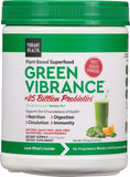 Vibrant Health Green Vibrance, etiquette et pot, nutrition végétale soutenant l'énergie durable.