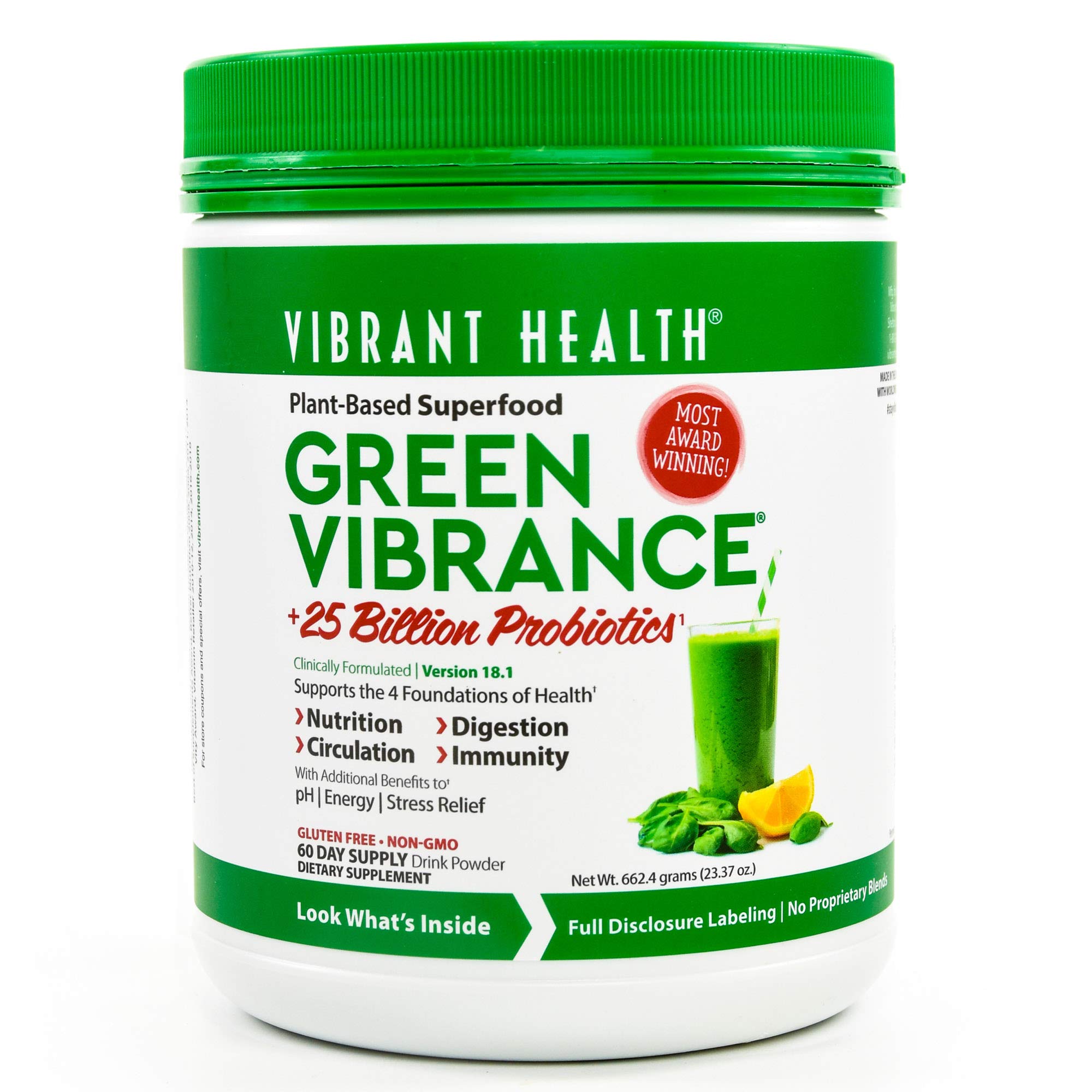 Vibrant Health Green Vibrance, poudre dans une bouteille ouverte, énergie naturelle et routine santé.