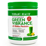 Vibrant Health Green Vibrance, poudre dans une bouteille ouverte, énergie naturelle et routine santé.