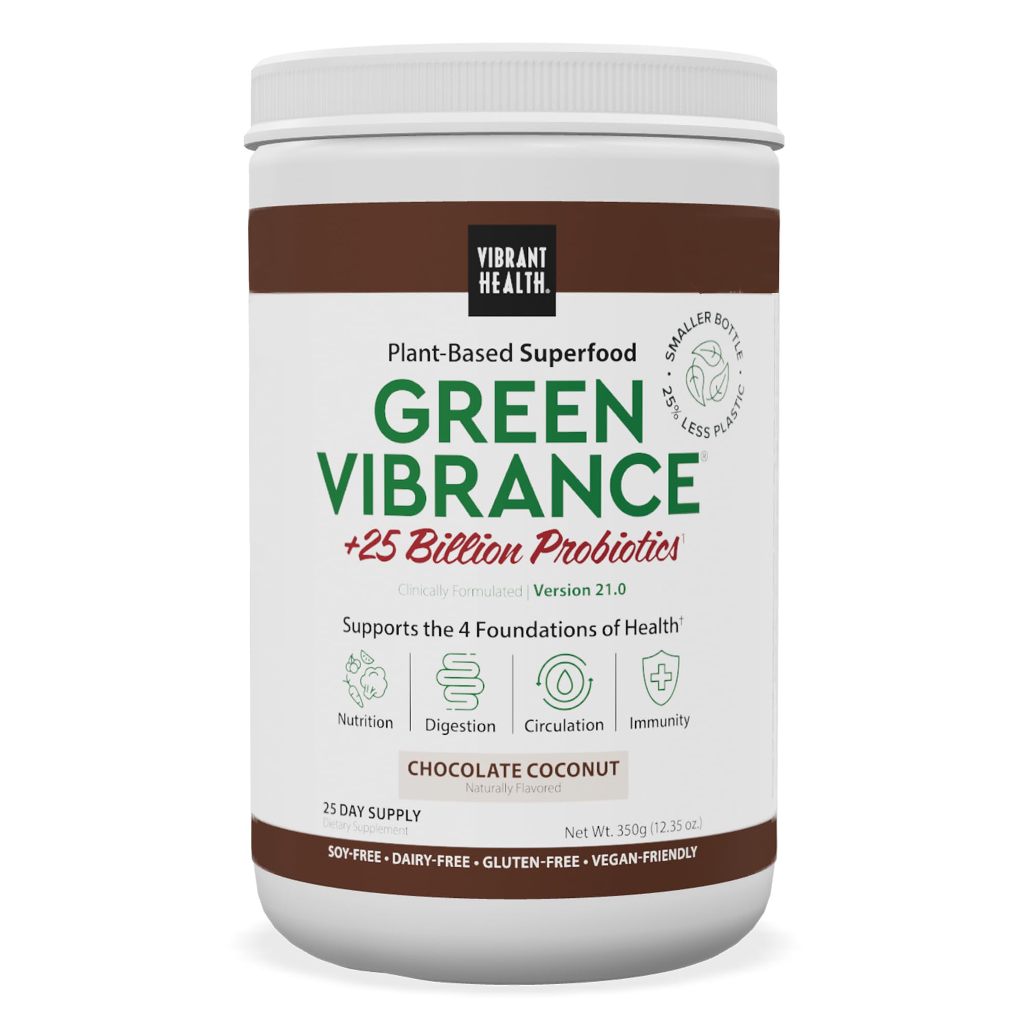 Vibrant Health Green Vibrance poudre chocolat coco dans un pot, idéal pour un apport nutritionnel quotidien.