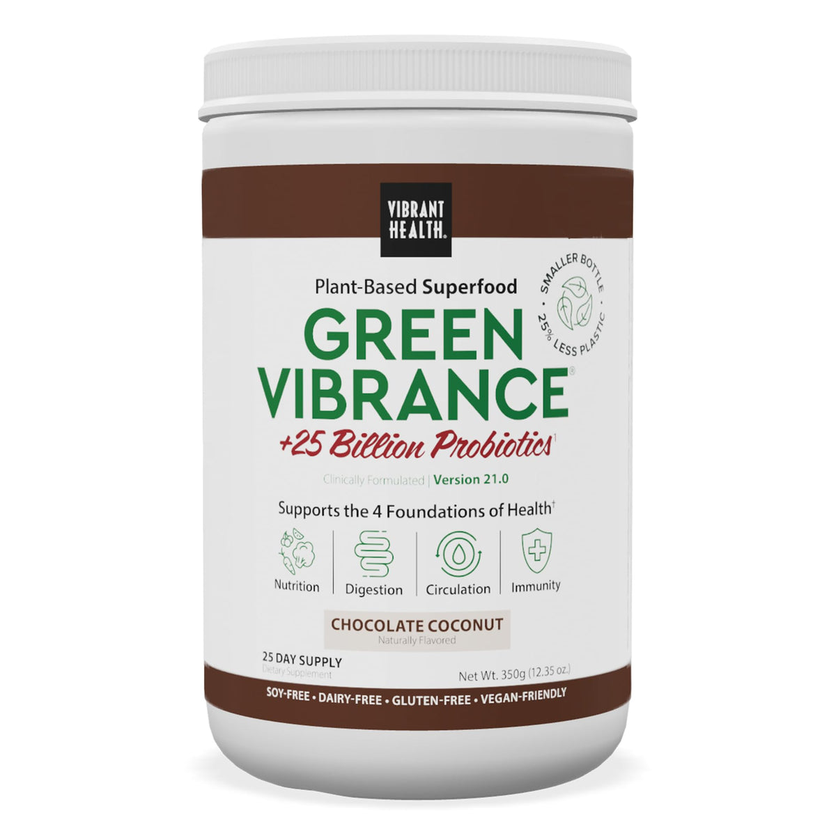 Vibrant Health Green Vibrance poudre chocolat coco dans un pot, idéal pour un apport nutritionnel quotidien.
