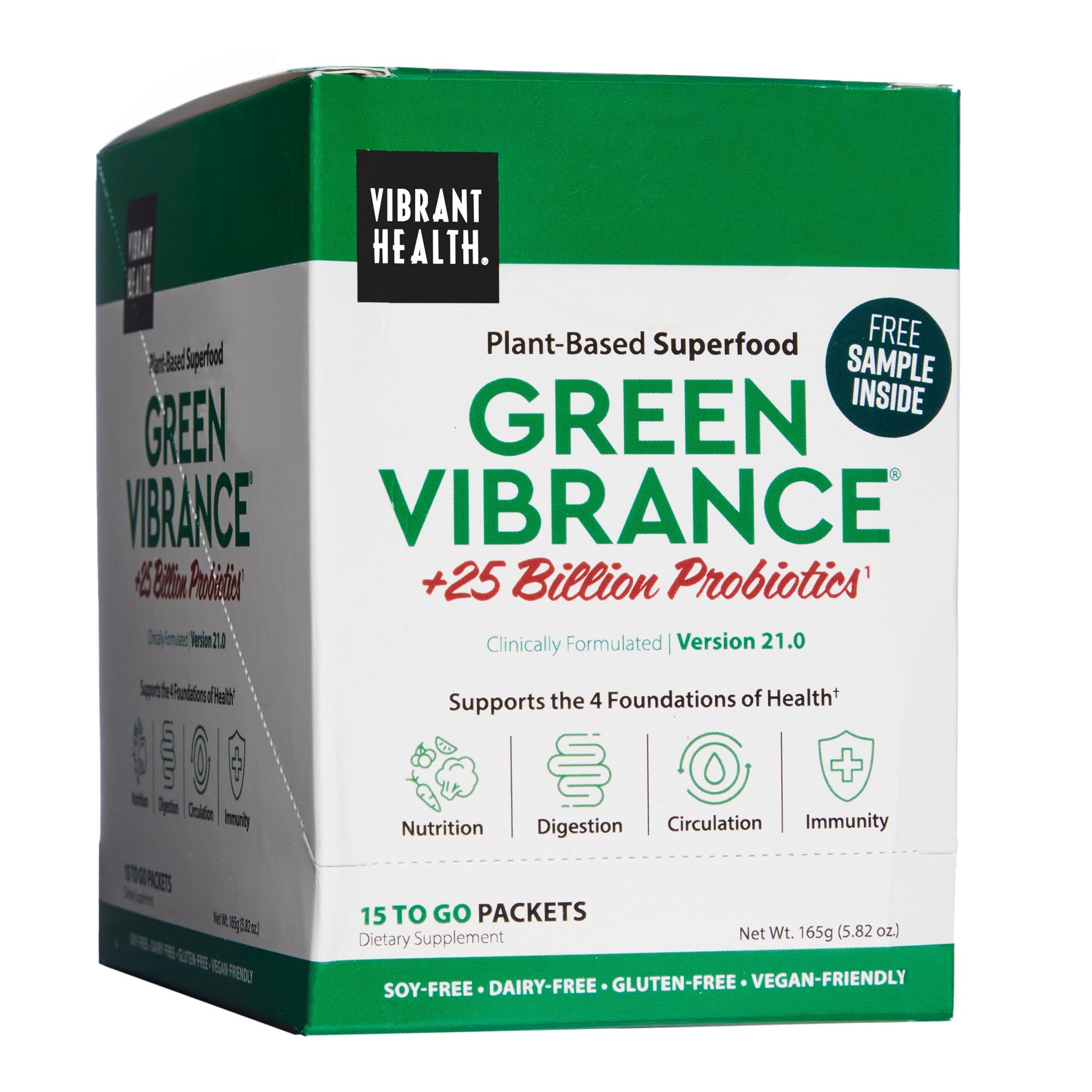 Vibrant Health Green Vibrance, sachet ouverte, énergie rapide pour vos matins
