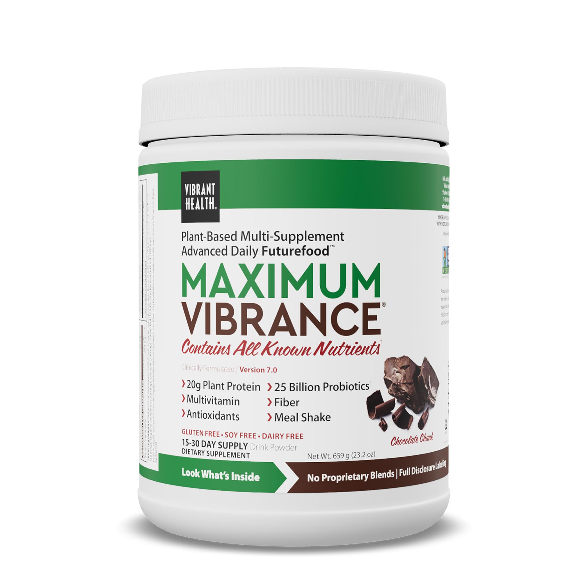 Vibrant Health Maximum Vibrance — poudre chocolatée dans un verre, apport protéique végétal.