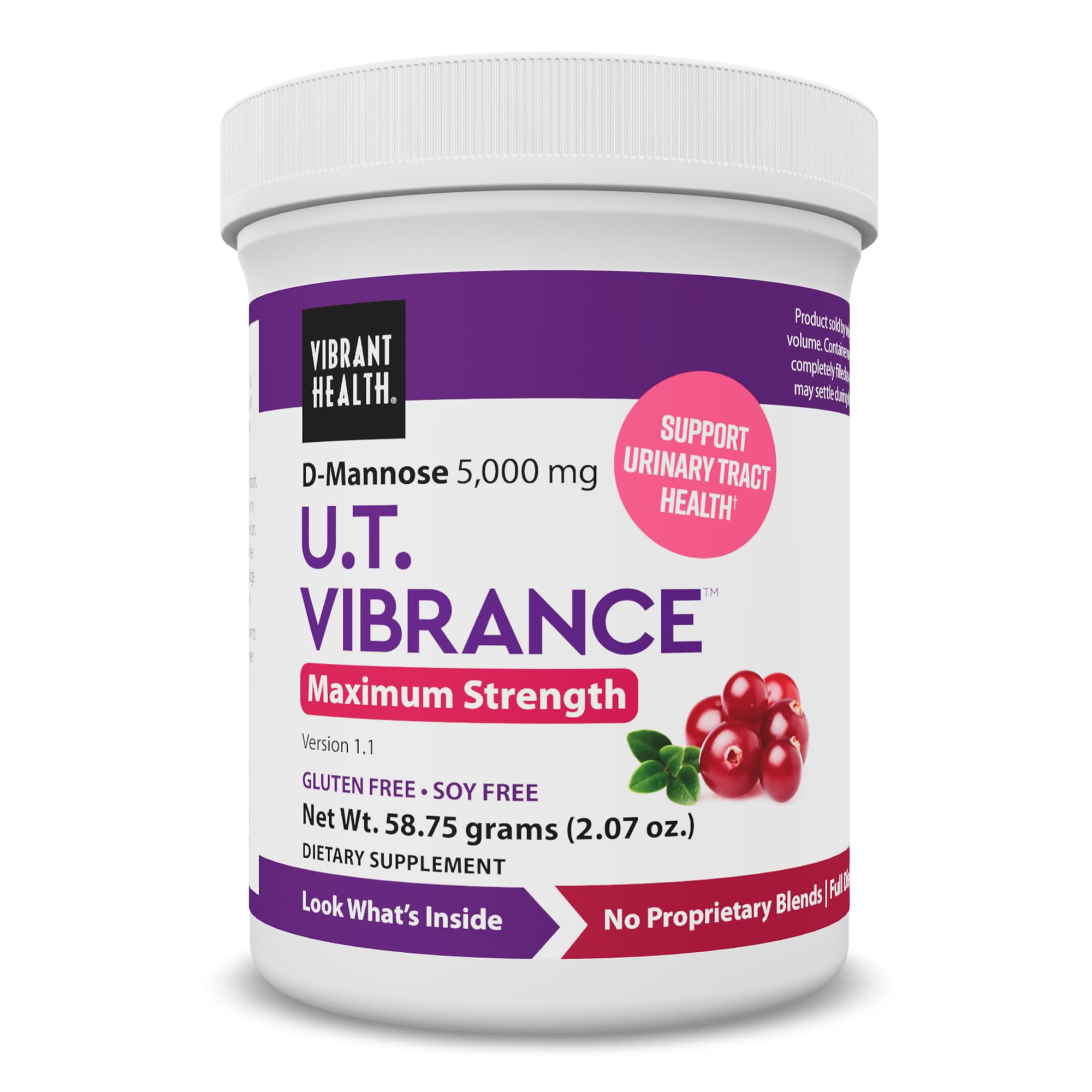 Vibrant Health UT Vibrance poudre dans la bouteille, soutien potentiel pour la santé urinaire.