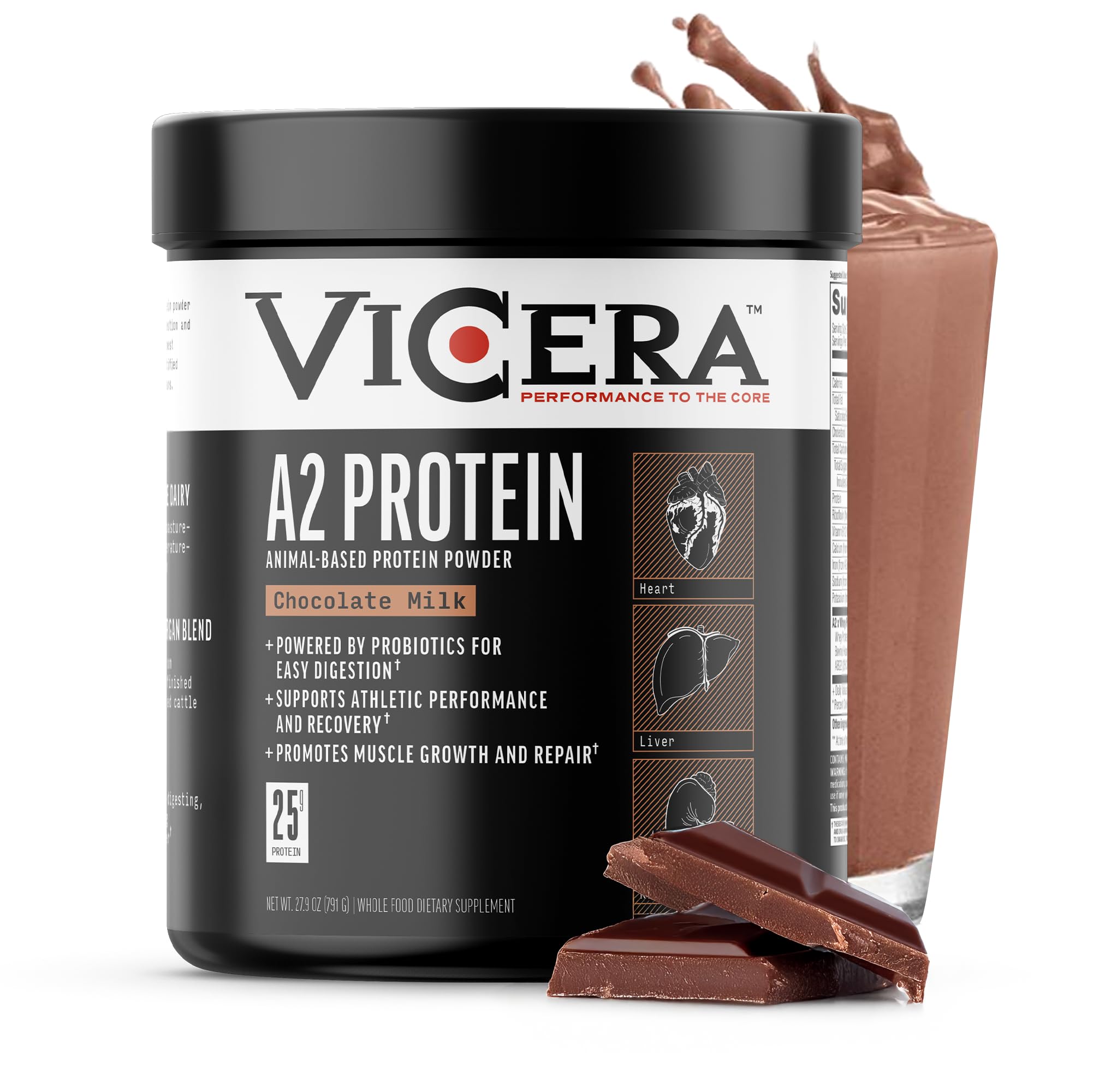 VICERA A2 Protéine Poudre pot chocolat, texture riche et gourmande idéale pour le petit-déjeuner.