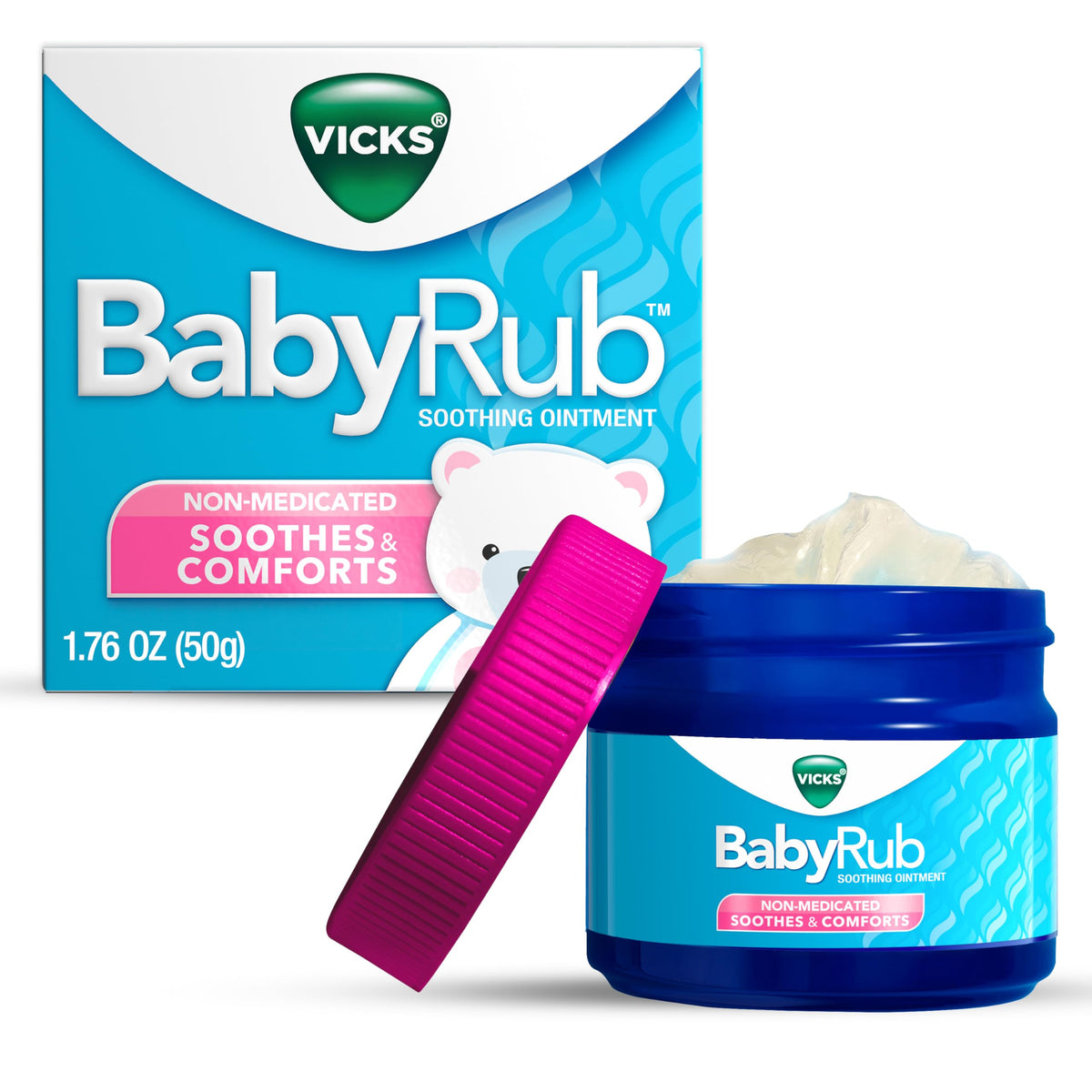 Vicks BabyRub sur la poitrine du bébé, douceur apaisante.