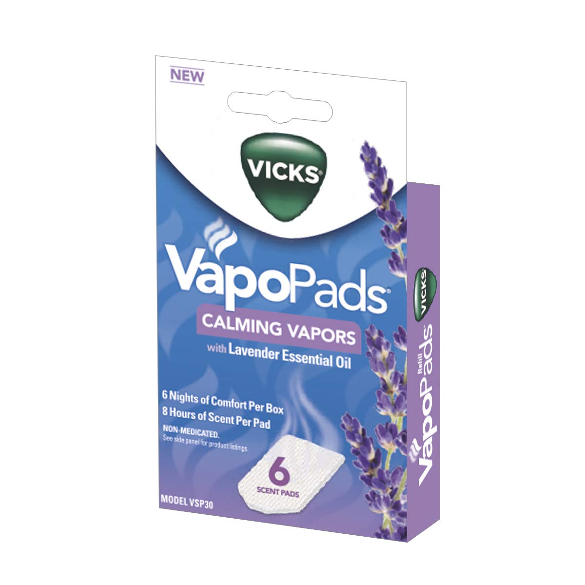 Vicks Vapopad Lavande photo produit montrant l’emballage et diffusion douce.