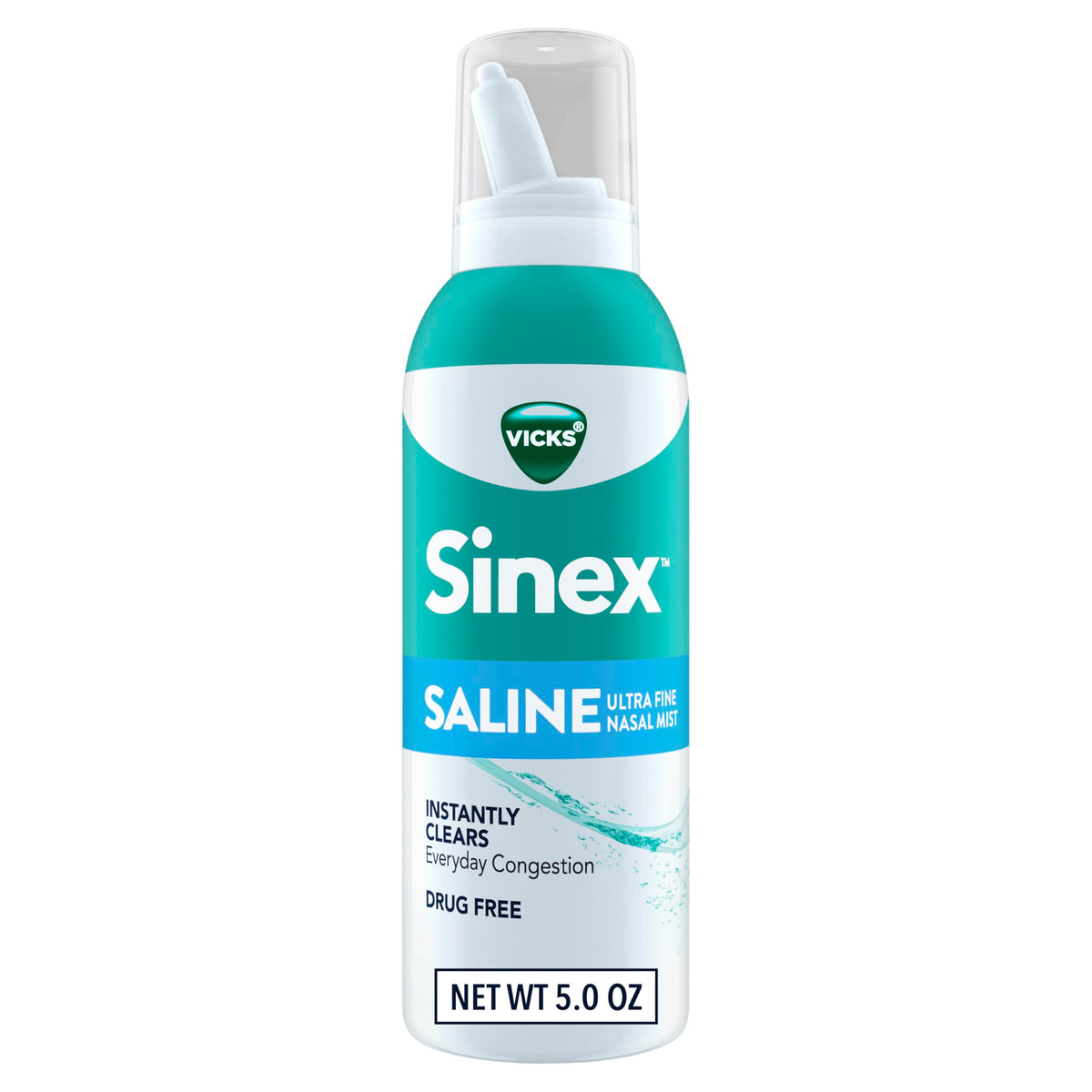 Vicks Sinex Saline Spray bouteille: soulage la congestion quotidienne sans médicament.