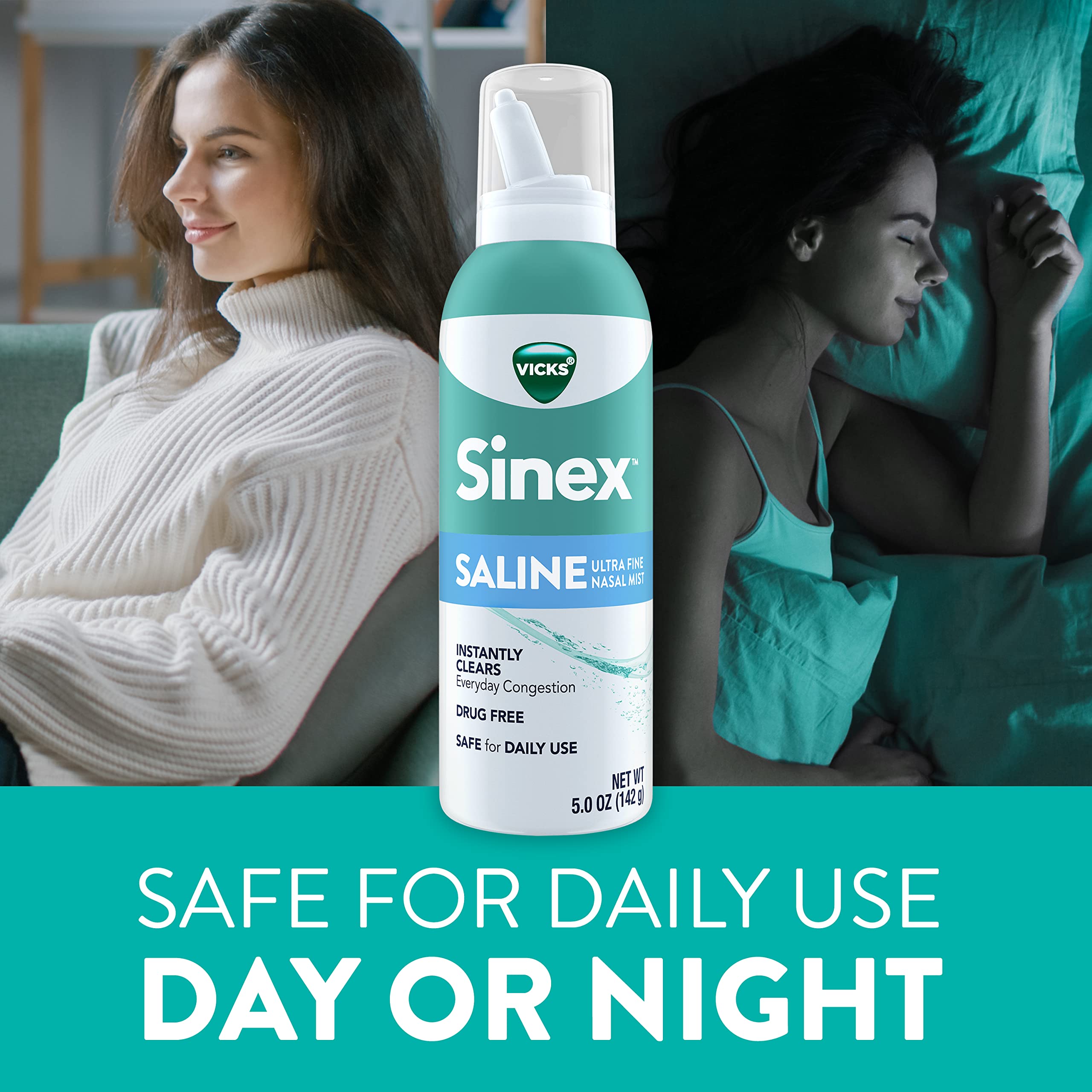 Vicks Sinex Saline Spray hydratation nasale: réconforte les muqueuses sèches tout au long de la journée.