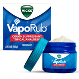 Vicks VapoRub, tube et emballage visibles, idéal pour les symptômes du rhume.