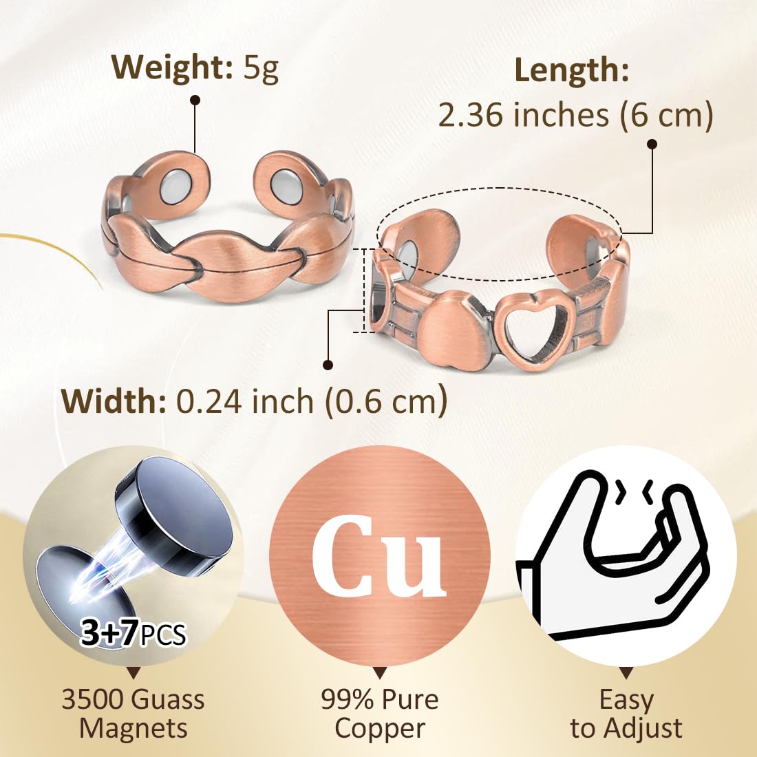 Bague Vicmag cuivre hypoallergénique, sans nickel pour peaux sensibles.