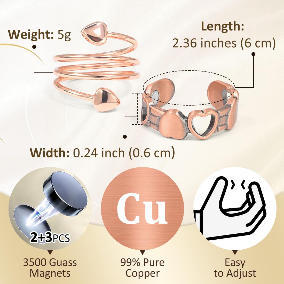 Vicmag bague cuivre magnetique poids léger 4 g, confort agréable au porté.