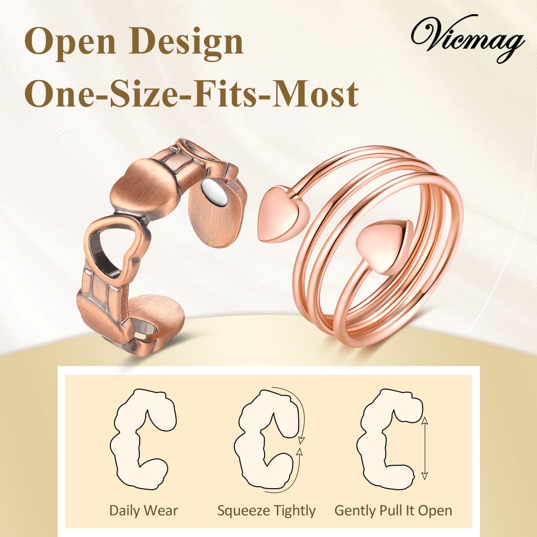 Vicmag bague cuivre magnetique surface hypoallergenique, souci moindre pour la peau.