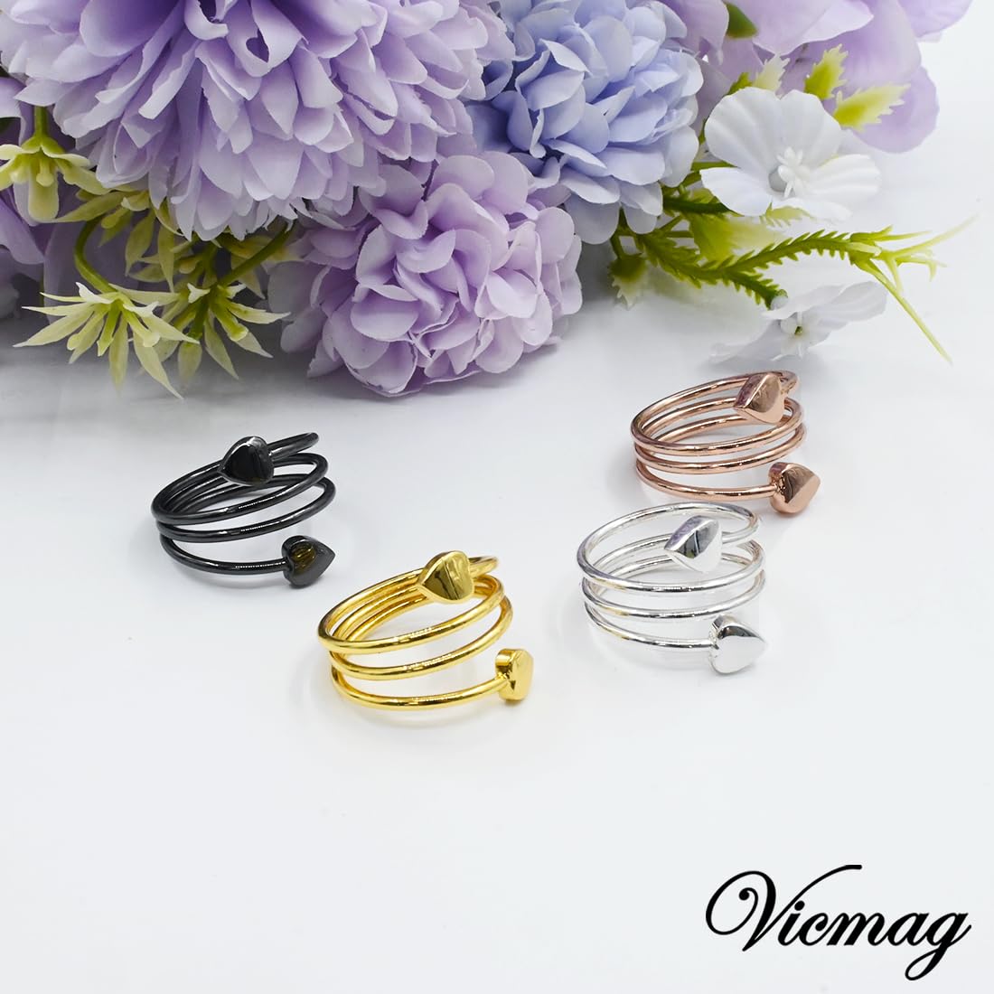 Collection Vicmag 4 cœurs, bague magnétique cuivre prête à briller.
