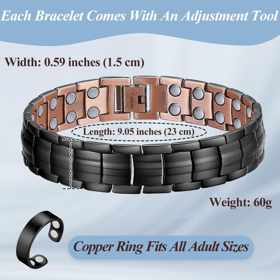 Vicmag bracelet cuivre avec aimants – démonstration des aimants intégrés.