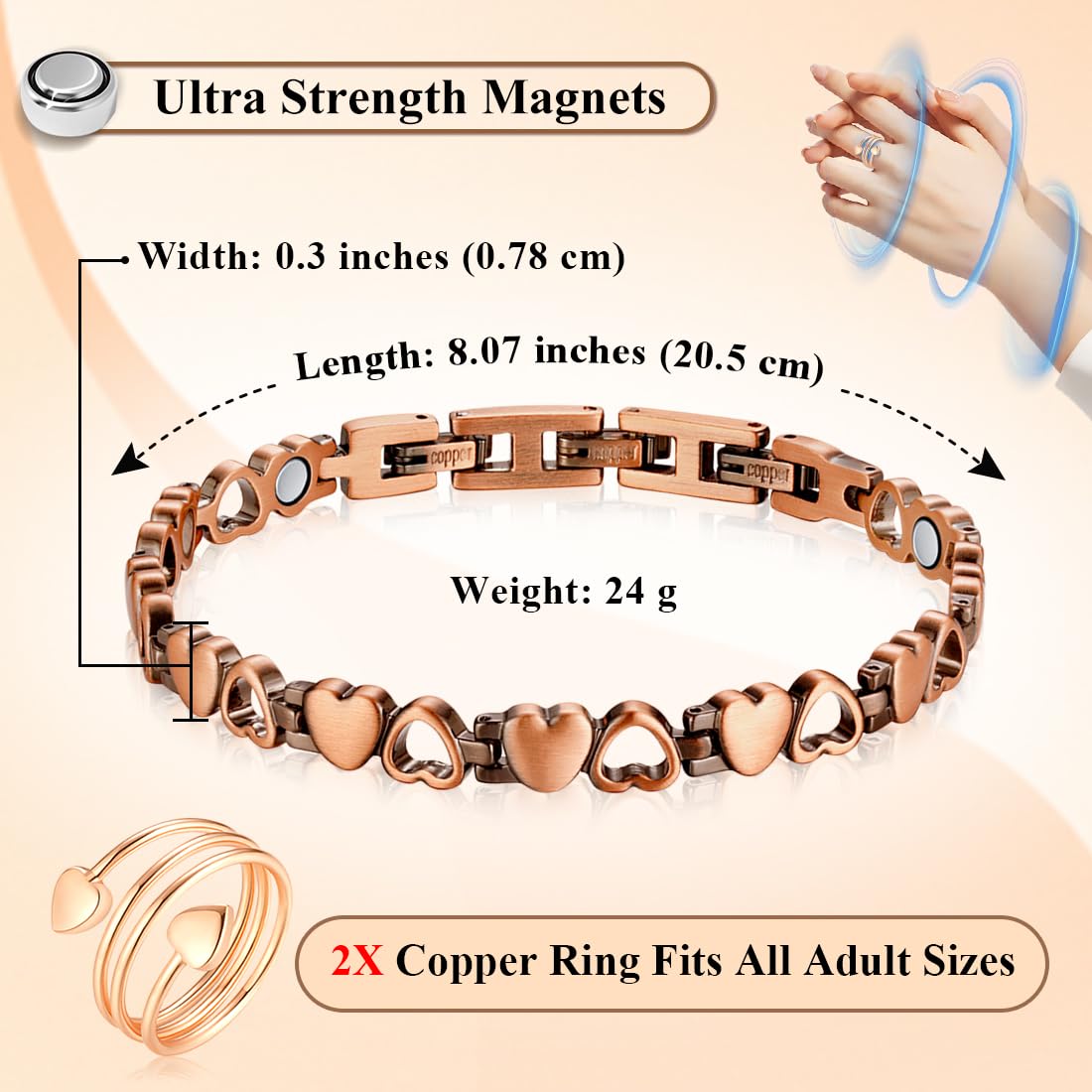 Vicmag bracelet cuivre pur - finition 99,9% et durabilité.