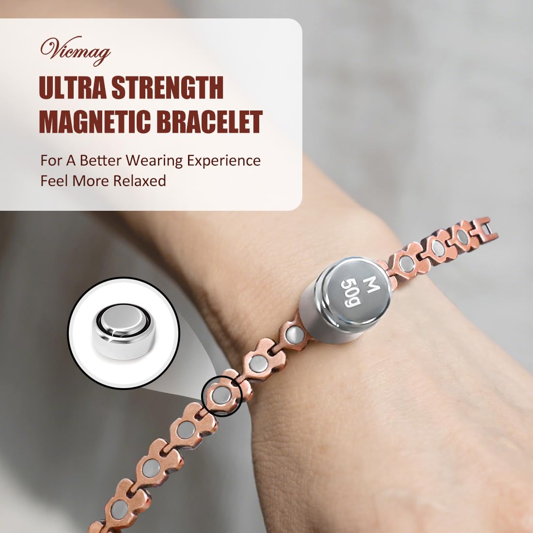 Vicmag bracelet cuivre ajustable assure un confort sur mesure.