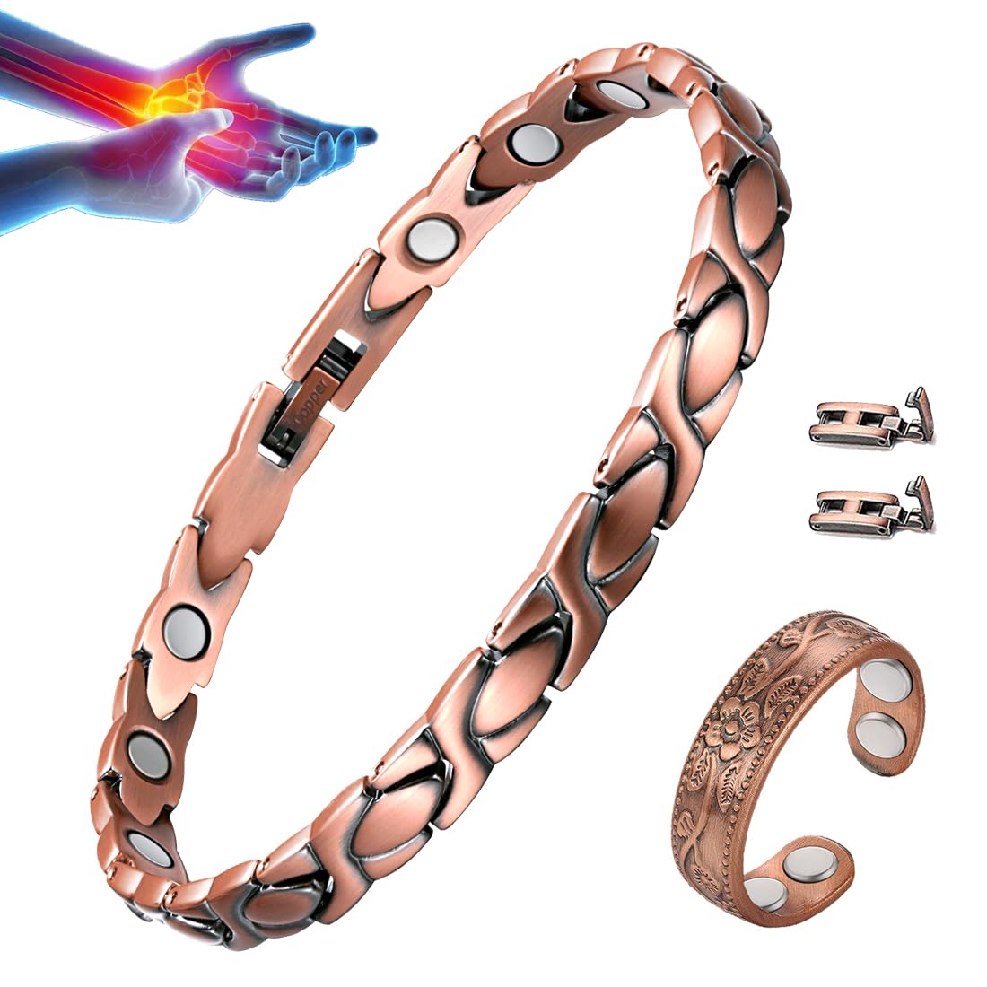 Vicmag bracelet cuivre magnétique, allure élégante près du poignet pour un usage quotidien.