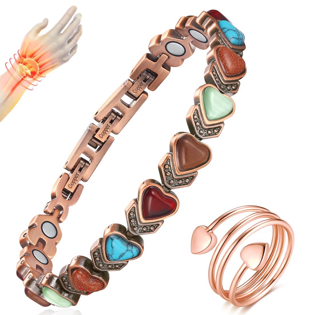 Vicmag bracelet cuivre pur avec coeur agate, design élégant et énergie positive.