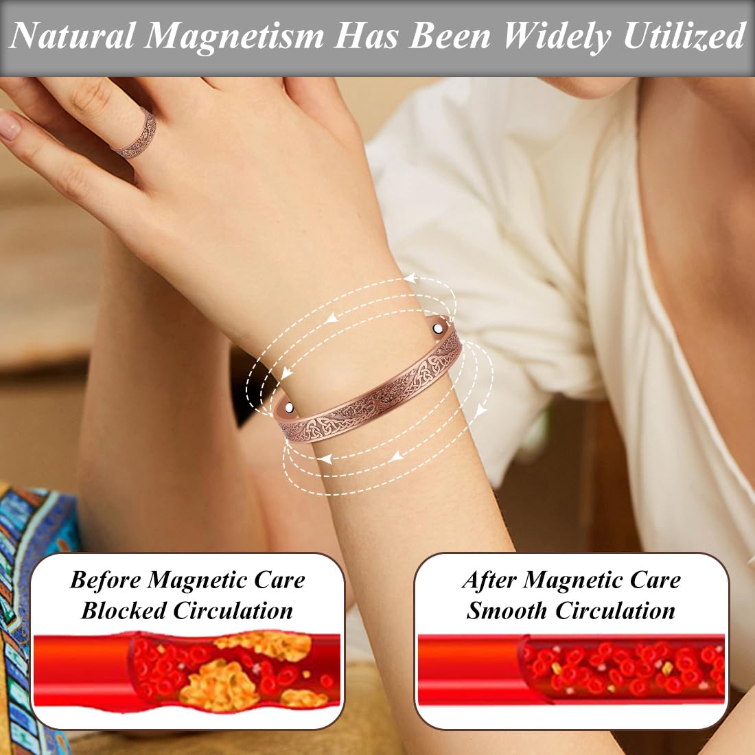Bracelet ajustable Vicmag en cuivre pur, adaptation parfaite au poignet.