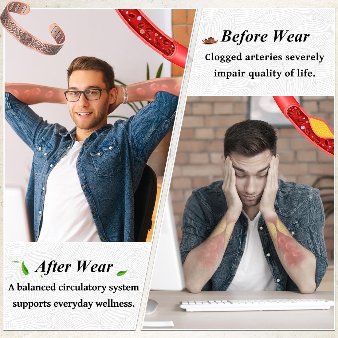 Cuivre pur 99,9% avec finition hypoallergénique Vicmag protégeant la peau.