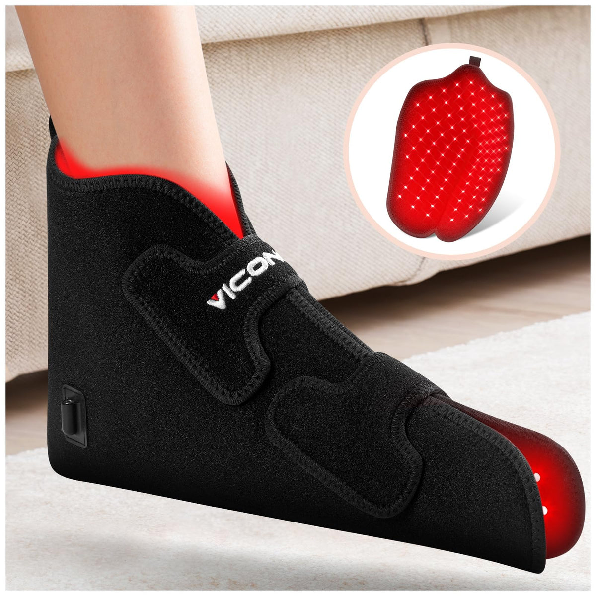 Bottes Viconor en lumière rouge sur les pieds pour un confort apaisant
