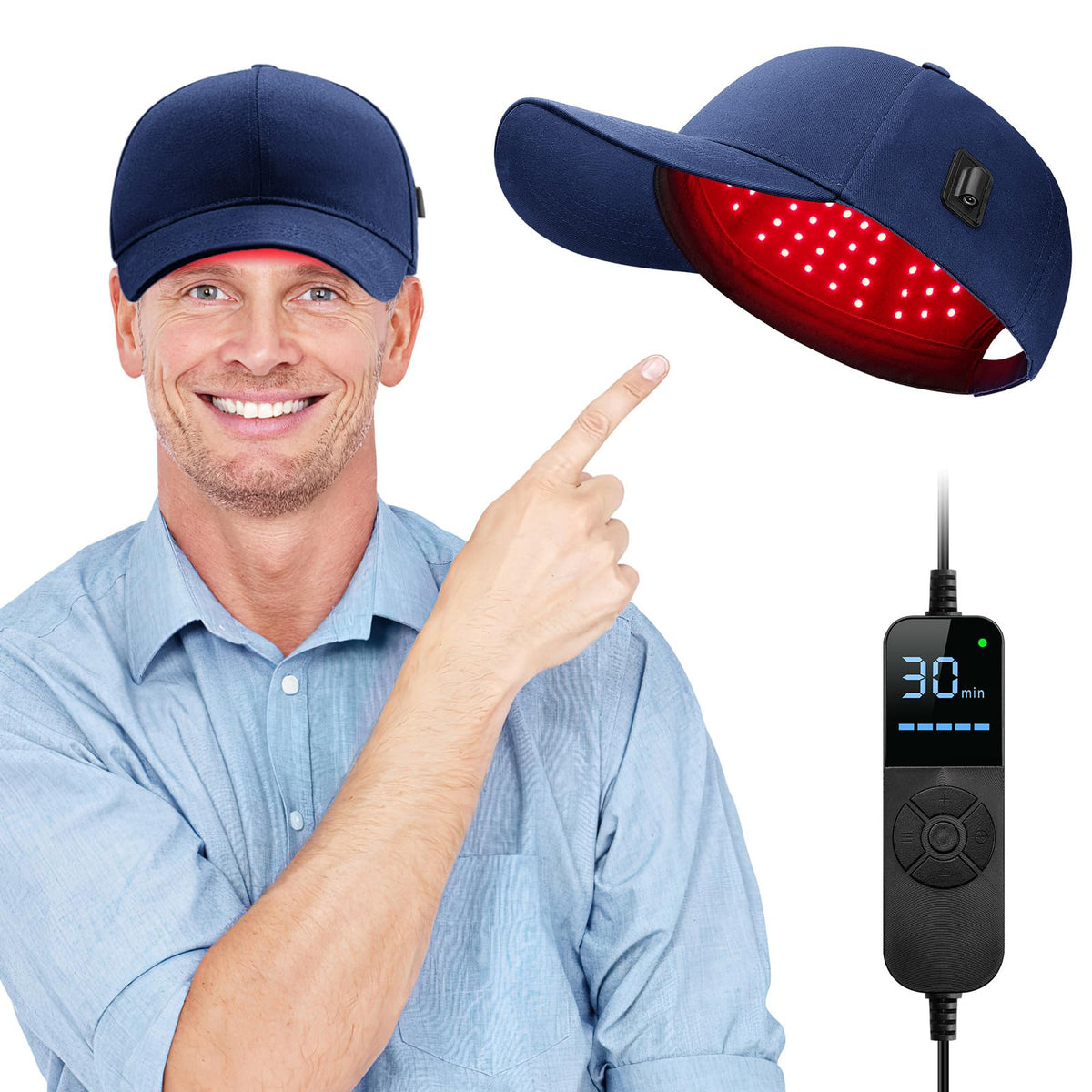 Casquette laser Viconor, diodes rouges visibles, stimulation potentielle du cuir chevelu.