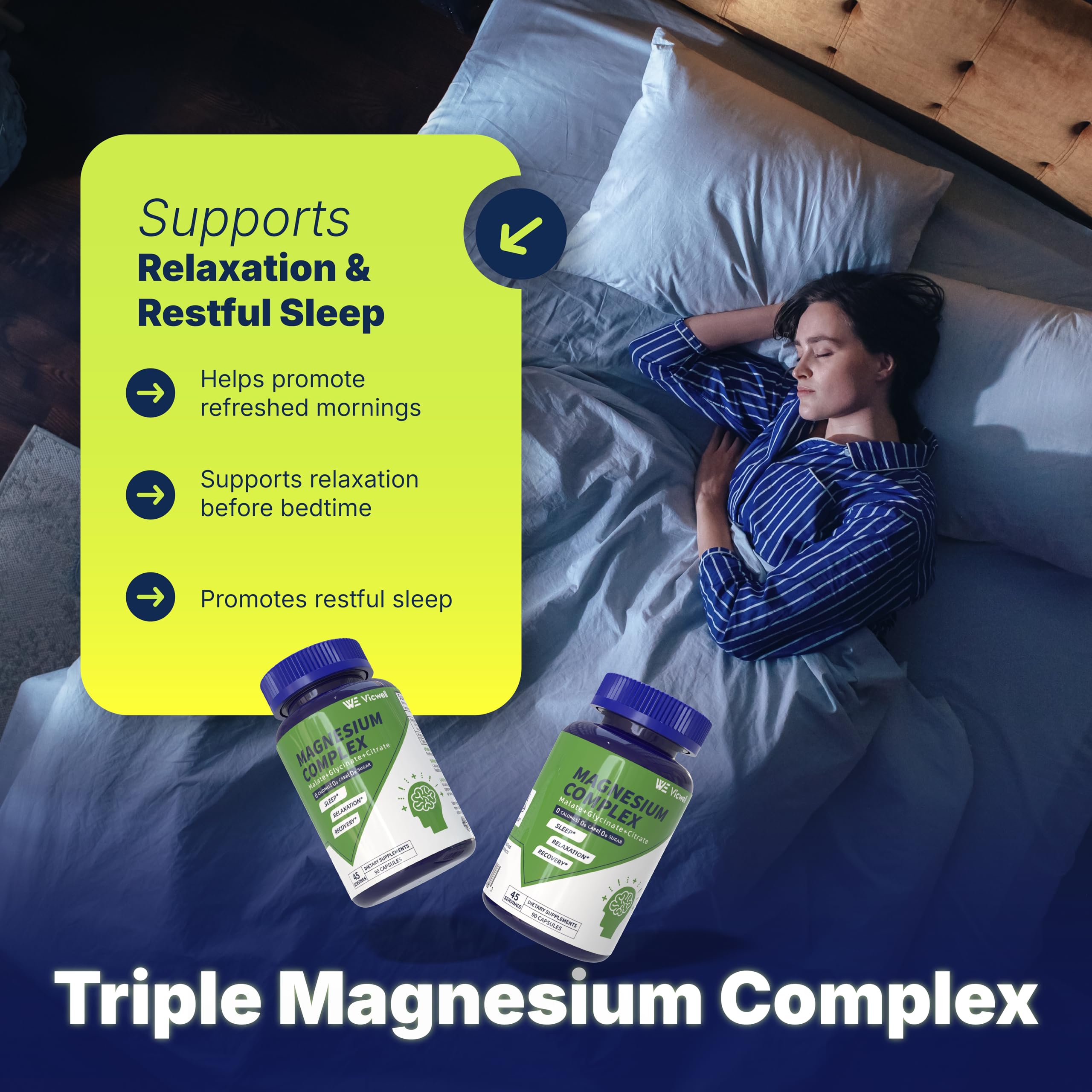 Vicwell Triple Magnésium Complex – promotion d’un sommeil potentiellement plus serein avec une routine nocturne.