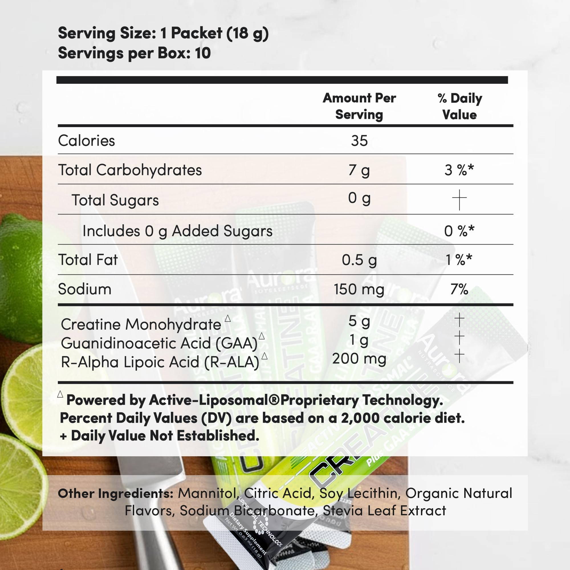Vida Lifescience Aurora: sachet citron-lime prêt-à-mélanger pour énergie rapide.