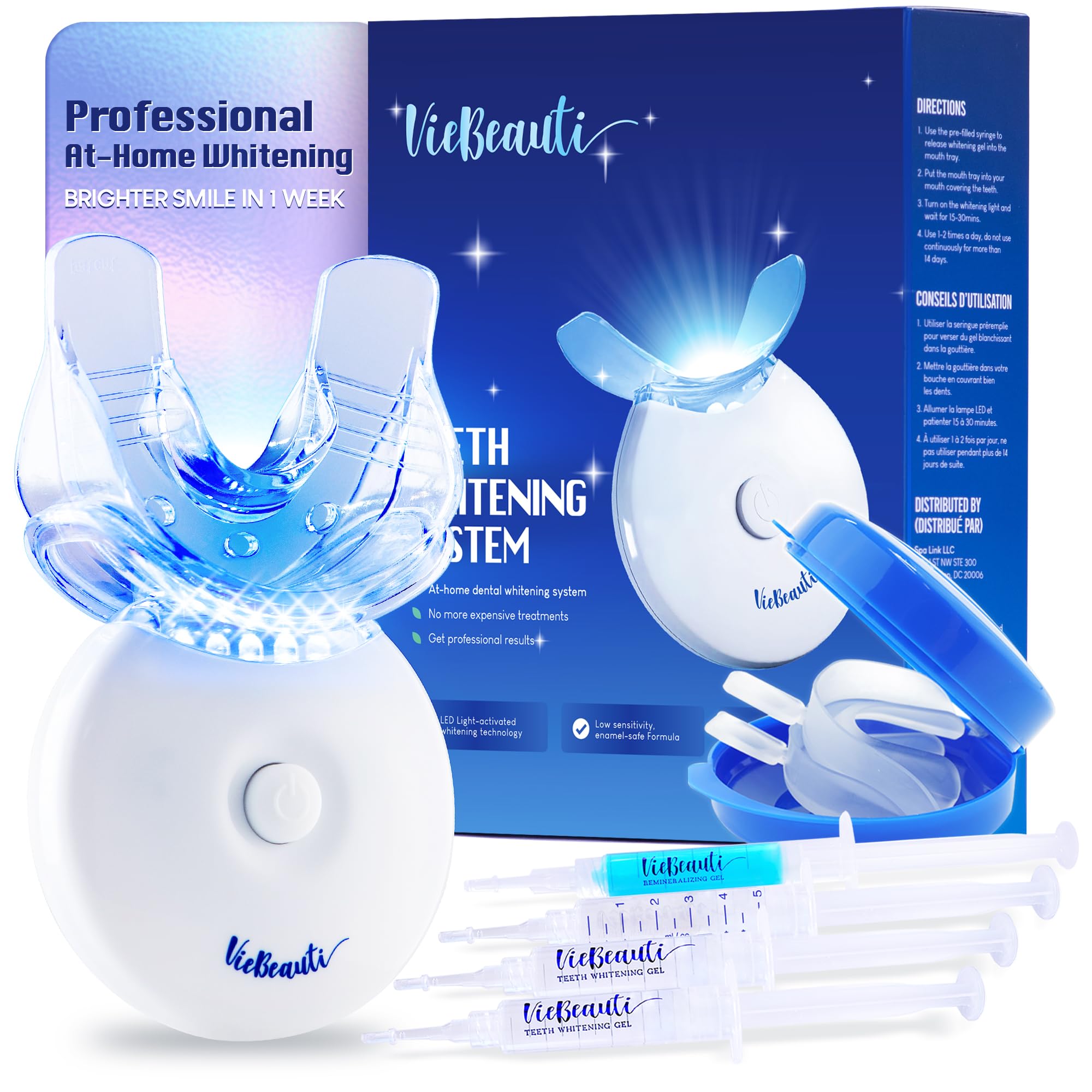 VieBeauti kit blanchiment LED pour dents sensibles, résultats progressifs et sans douleur.